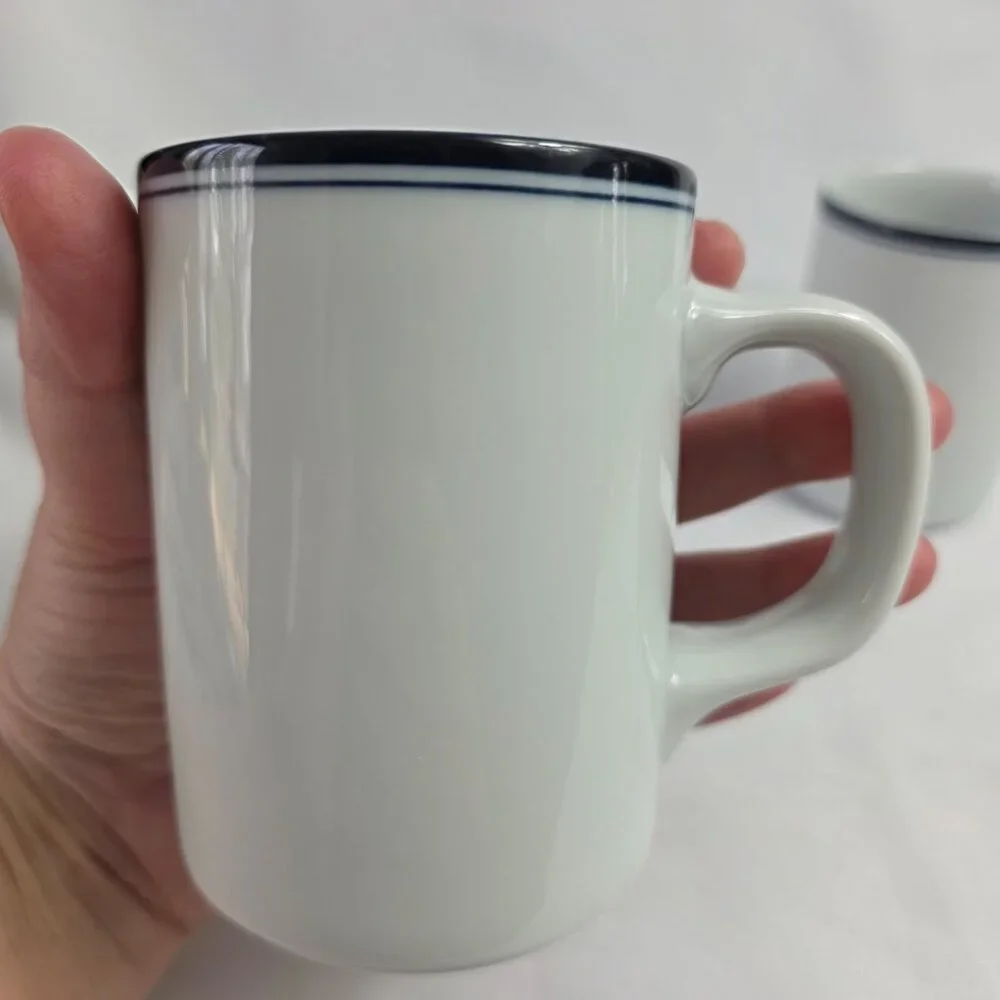 TWO Dansk Allegro Blue Mugs White with Two Blue Bands on Rim